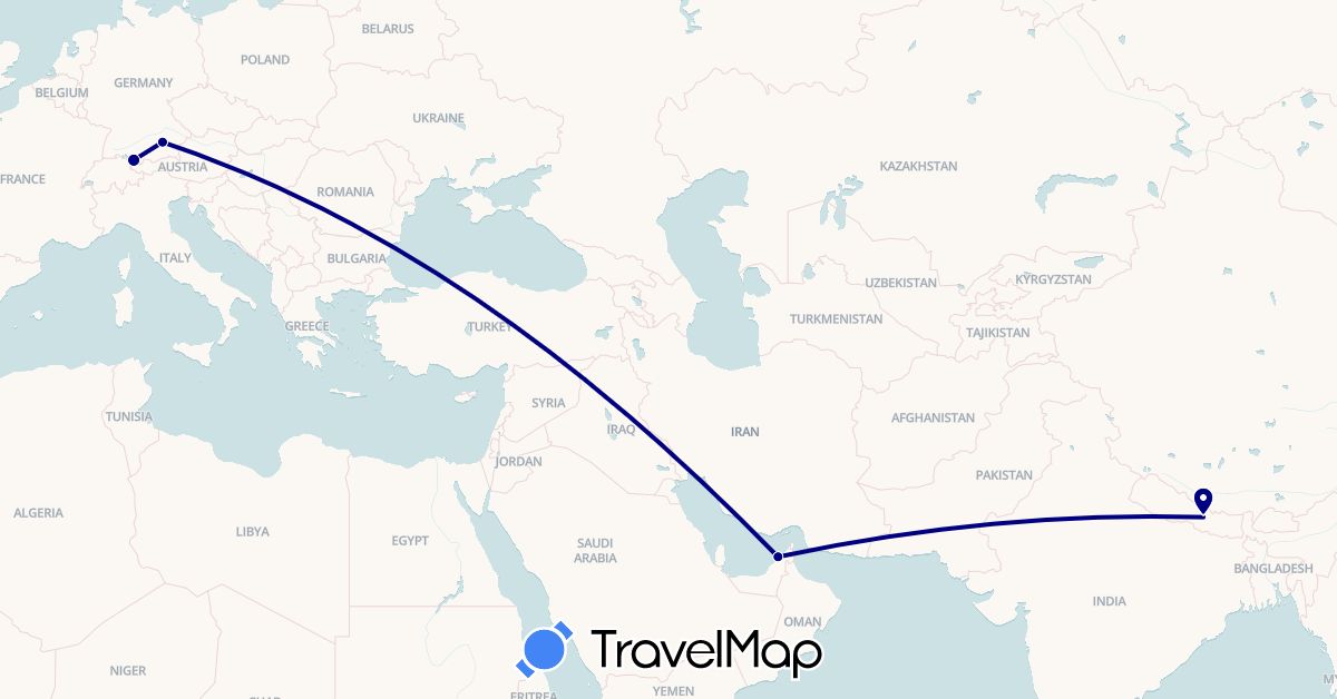 TravelMap itinerary: driving in United Arab Emirates, Austria, Germany, Nepal (Asia, Europe)